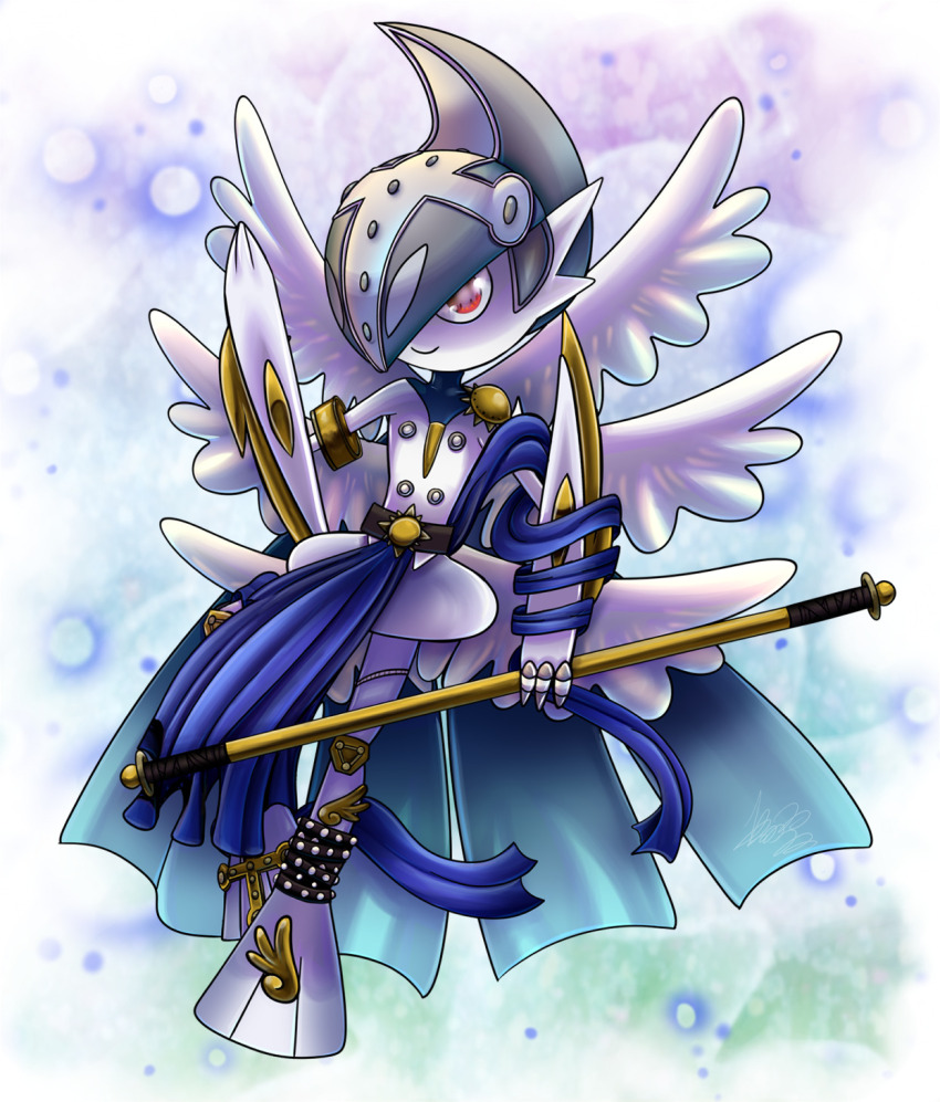 angel_wings angemon angemon_(cosplay) arm_blade colored_skin cosplay digimon gallade gen_4_pokemon helmet highres holding holding_staff mamajebbun mega_gallade mega_pokemon nintendo pink_eyes pokemon pokemon_(creature) smile staff weapon white_skin wings
