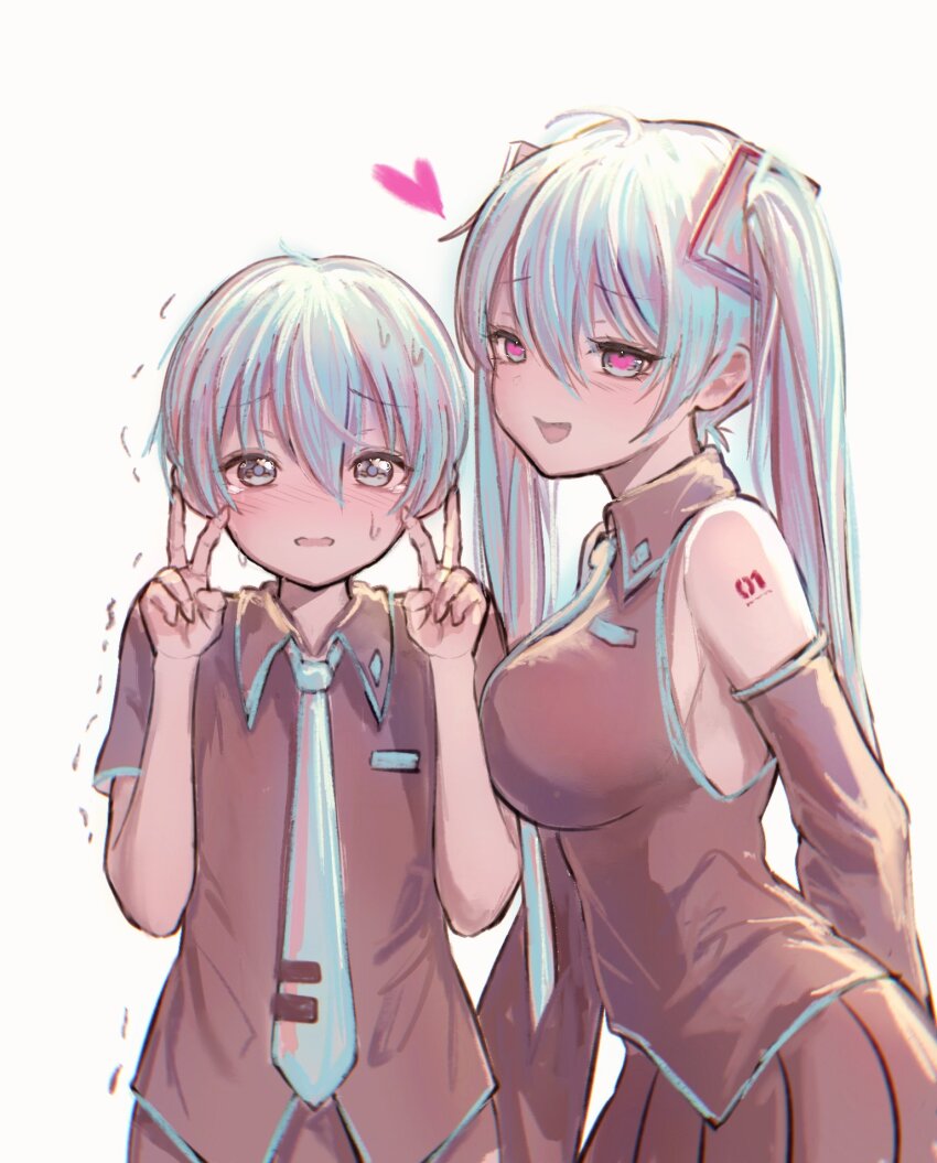 aqua_eyes aqua_hair aqua_necktie azulasi black_shirt black_skirt black_sleeves blush breasts collared_shirt crying crying_with_eyes_open detached_sleeves double_v hatsune_miku hatsune_mikuo heart heart-shaped_pupils highres large_breasts looking_at_viewer necktie open_mouth shaking shirt simple_background skirt smile sweat sweatdrop symbol-shaped_pupils tears v vocaloid white_background