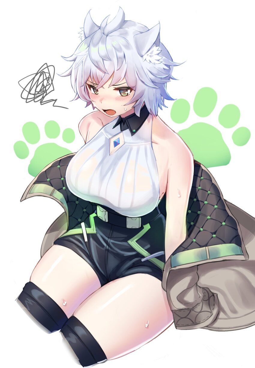 1girl absurdres animal_ears breasts cat_ears cat_girl chest_jewel clothing_cutout core_crystal_(xenoblade) crystal diamond_cutout fingerless_gloves gloves high-waist_shorts highres jacket large_breasts looking_at_viewer medaman messy_hair na&#039;el_(xenoblade) open_clothes open_jacket romper short_hair short_shorts shorts simple_background solo sweat thick_thighs thighhighs thighs xenoblade_chronicles_(series) xenoblade_chronicles_3 xenoblade_chronicles_3:_future_redeemed yellow_eyes