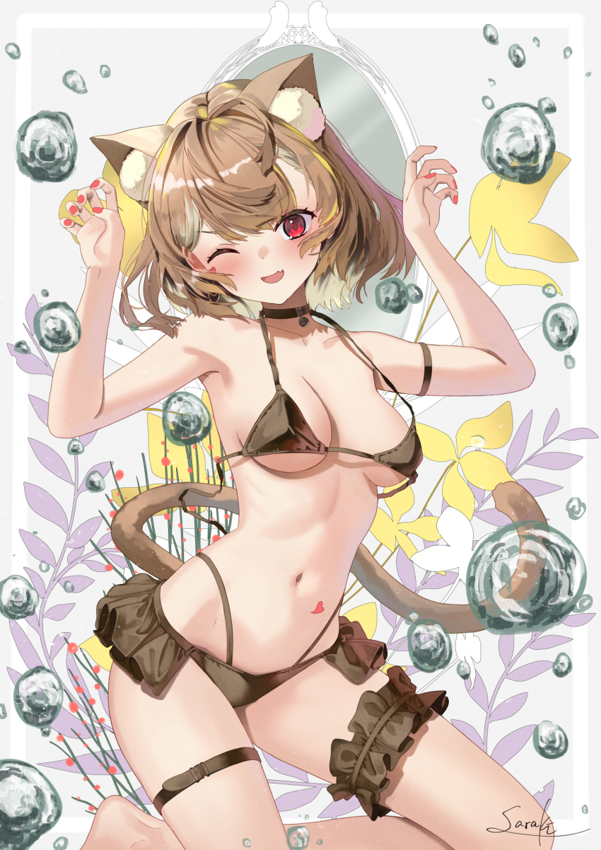 1girl ;d animal_ear_fluff animal_ears arms_up bare_arms bare_shoulders barefoot bikini black_bikini blonde_hair breasts brown_hair cat_ears cat_girl cat_tail claw_pose commentary_request fang frilled_bikini frills grey_background highres looking_at_viewer medium_breasts multicolored_hair nail_polish navel one_eye_closed open_mouth original red_eyes red_nails saraki smile solo streaked_hair swimsuit tail water_drop