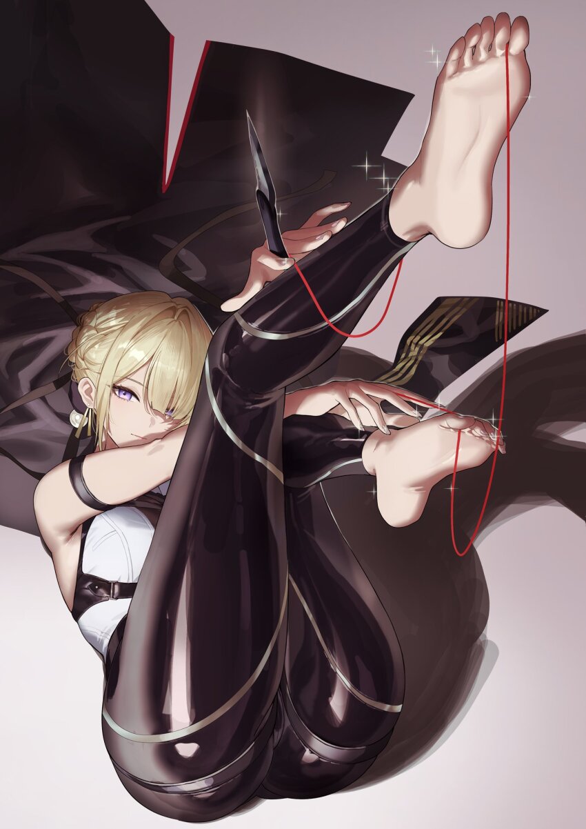 1girl ass barefoot black_coat black_pants blonde_hair cameltoe chest_harness coat commentary earrings evelyn_chevalier feet gold_trim hair_bun harness high-waist_pants highres jewelry knife looking_at_viewer pants purple_eyes ring_hair_ornament salmon88 shirt soles tight_clothes tight_pants toes white_shirt wire zenless_zone_zero