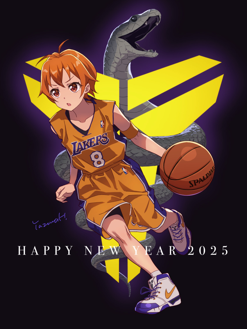 1girl 2025 animal antenna_hair ball bang_dream! basketball_(object) basketball_uniform collarbone commentary_request dribbling_(basketball) happy_new_year highres kitazawa_hagumi los_angeles_lakers new_year nike_(company) open_mouth orange_eyes orange_hair orange_shirt orange_shorts shirt shoes short_hair shorts signature sleeveless sleeveless_shirt snake sneakers solo sportswear white_shoes yazawa_happyaro