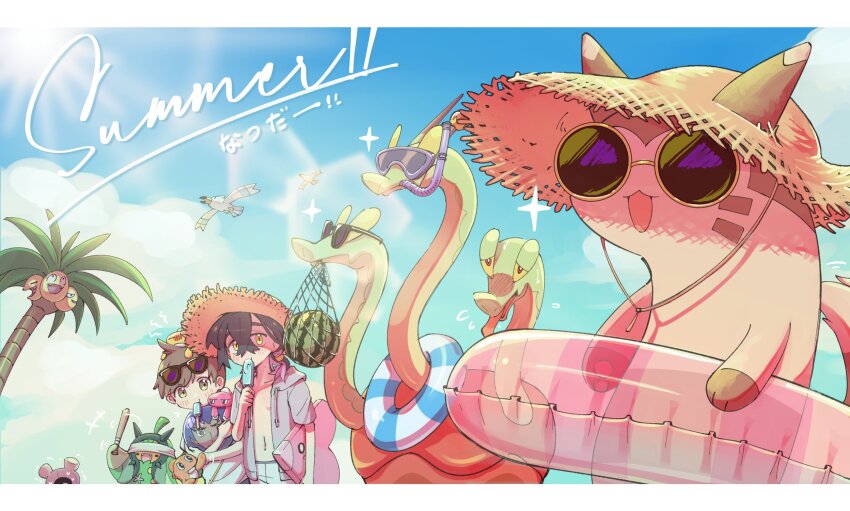 2boys alolan_exeggutor alolan_form black_hair blindfold brown_hair closed_eyes clothed_pokemon cloud day florian_(pokemon) flying_sweatdrops food fruit furret gen_2_pokemon gen_3_pokemon gen_7_pokemon grey_jacket hat highres holding holding_food holding_popsicle hood hood_down hot hydrapple innertube jacket kieran_(pokemon) lingye male_focus multiple_boys nintendo ogerpon on_head open_clothes open_jacket open_mouth outdoors pecharunt pokemon pokemon_(creature) pokemon_on_head pokemon_sv popsicle purple_hair semi-rimless_eyewear sky snorkel sparkle straw_hat summer sunglasses sweat swim_ring tatsugiri tatsugiri_(curly) tatsugiri_(droopy) tatsugiri_(stretchy) tongue watermelon wingull