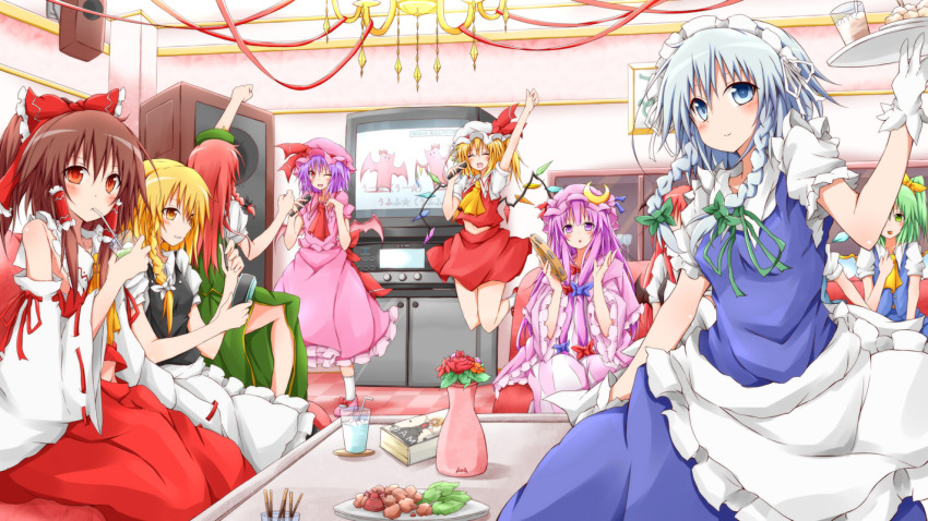 6+girls apron ascot bat_wings blonde_hair bow braid brown_eyes brown_hair cirno crescent cup daiyousei drinking_glass drinking_straw closed_eyes fairy_wings flandre_scarlet flandre_scarlet_(bat) flower food gloves green_eyes green_hair hair_bow hair_ribbon hair_tubes hakurei_reimu hand_up hong_meiling ice ice_wings instrument izayoi_sakuya jumping karamoneeze karaoke kirisame_marisa koakuma long_hair maid maid_apron maid_headdress multiple_girls mystia_lorelei one_eye_closed open_mouth outstretched_arms patchouli_knowledge plate pocky purple_eyes purple_hair raised_fist red_eyes red_hair red_rose remilia_scarlet remilia_scarlet_(bat) ribbon rose rumia shirt short_hair siblings side_ponytail silver_hair single_braid sisters sitting skirt skirt_set smile speaker table tambourine television embodiment_of_scarlet_devil touhou tray twin_braids uu~ vase very_long_hair waist_apron white_gloves wings wink