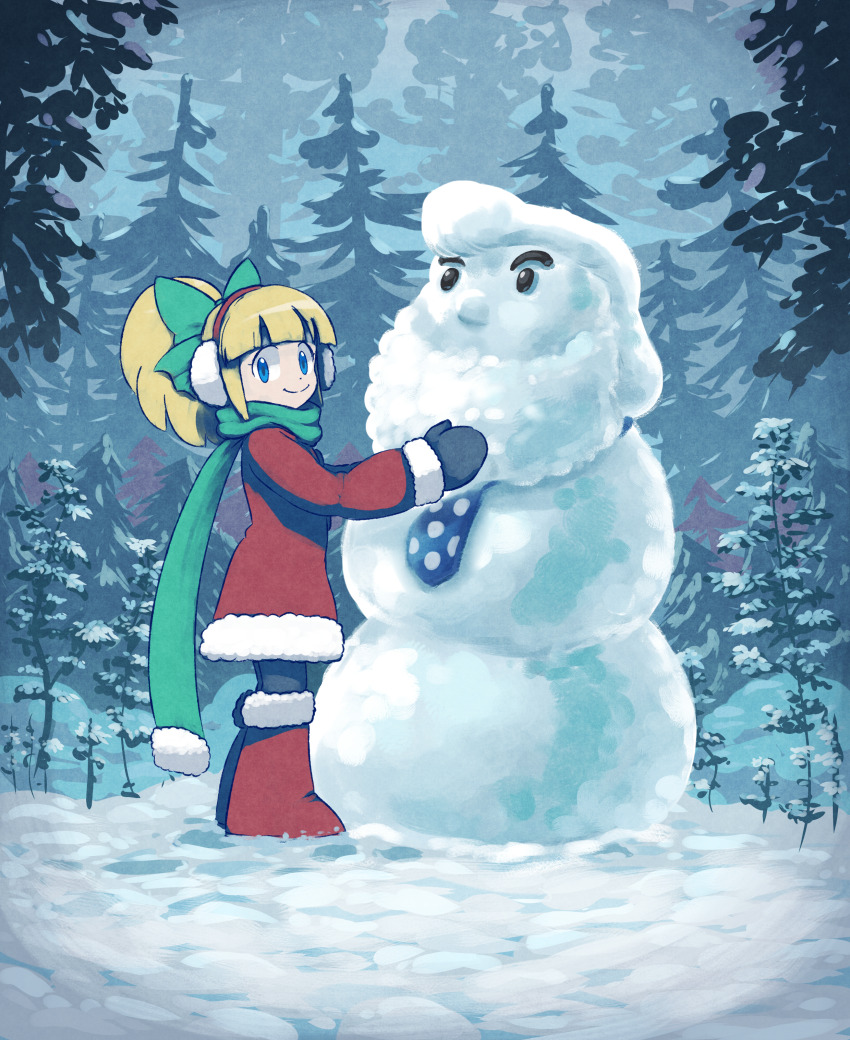1girl absurdres black_mittens blonde_hair blue_eyes boots building_snowman character_snowman closed_mouth coat commentary dr._light_(mega_man) english_commentary forest from_side full_body fur-trimmed_boots fur-trimmed_coat fur_trim green_ribbon green_scarf hair_ribbon highres long_hair long_sleeves looking_at_viewer malev mega_man_(classic) mega_man_(series) mittens nature necktie outdoors pantyhose pine_tree polka_dot_necktie ponytail red_boots red_coat ribbon roll_(mega_man) scarf sidelocks smile snow snowman solo tree