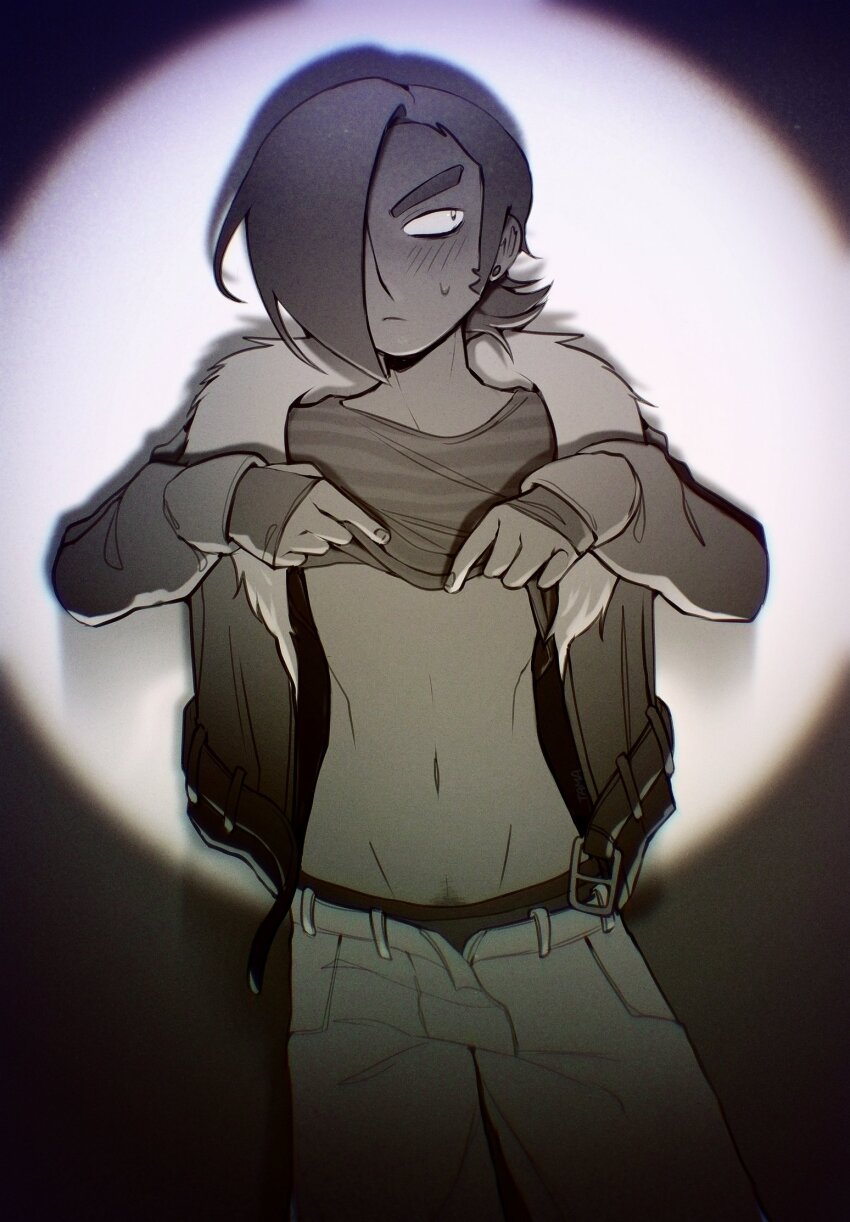 1boy averting_eyes belt blush clothes_lift commentary dark-skinned_male dark_skin english_commentary existenc3 fur-trimmed_jacket fur_trim greyscale hair_over_one_eye highres jacket male_focus male_pubic_hair matthew_patel monochrome open_belt pants pubic_hair pubic_hair_peek scott_pilgrim_(series) scott_pilgrim_takes_off shirt_lift short_hair solo standing sweatdrop undressing