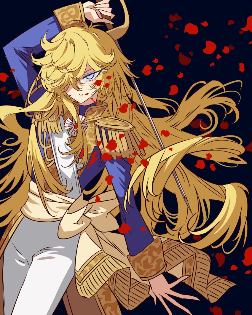 1girl blonde_hair blood blood_on_face blue_background blue_eyes blue_jacket cowboy_shot epaulettes falling_petals hair_over_one_eye highres holding holding_sword holding_weapon jacket long_hair long_sleeves looking_at_viewer meremero oscar_francois_de_jarjayes pants petals sash simple_background solo sword versailles_no_bara weapon white_pants
