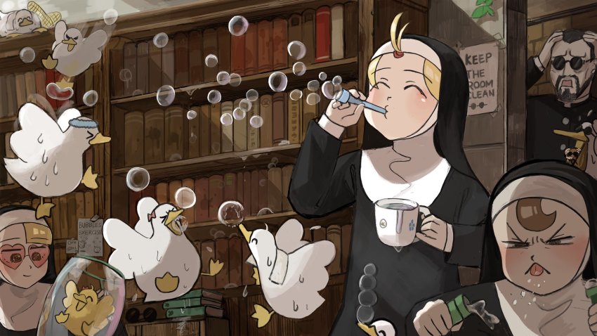 &gt;_&lt; 1boy 3girls ^_^ bangs_pinned_back beard bird blonde_hair blowing_bubbles book bookshelf bow brown_eyes brown_hair bubble bubble_pipe chicken closed_eyes clumsy_nun_(diva) commentary corn cup diva_(hyxpk) doorway duck duckling english_commentary facial_hair father_(diva) froggy_nun_(diva) habit hair_bow hand_on_head hanging_plant headband heart heart-shaped_eyewear highres in_mouth jumping little_nuns_(diva) mole_(animal) motion_blur mug multiple_girls nun o3o pelican popping poster_(object) priest red_bow reflection rubber_band slice_of_life smile spicy_nun_(diva) spread_wings stomping sunglasses surprised sweat tinted_eyewear tongue tongue_out topknot towel traditional_nun