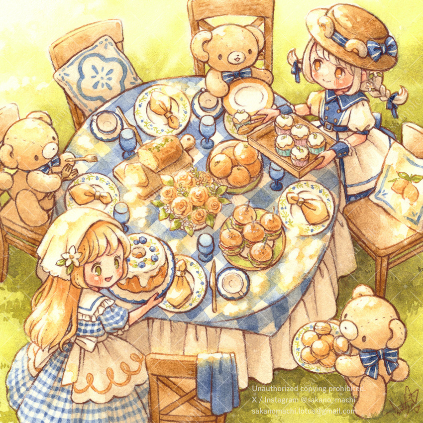 2girls apron blonde_hair bow braid bread bundt_cake cake chair classic_lolita commentary_request country_lolita cupcake dress food fruit gingham_dress hat holding lolita_fashion long_hair low_twin_braids multiple_girls orange_(fruit) original outdoors painting_(medium) pillow plate sakano_machi sandwich sentient_stuffed_toy stuffed_animal stuffed_toy sun_hat table tablecloth tea_party teddy_bear traditional_media twin_braids watercolor_(medium) watermark white_apron white_dress