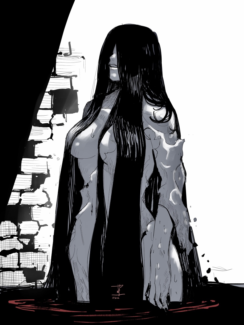 1girl absurdres black_hair breast_slip breasts brick brick_wall dress hair_over_eyes highres large_breasts long_hair manabu_yashiro monochrome parted_lips partially_submerged solo the_ring torn_clothes torn_dress very_long_hair water wet yamamura_sadako