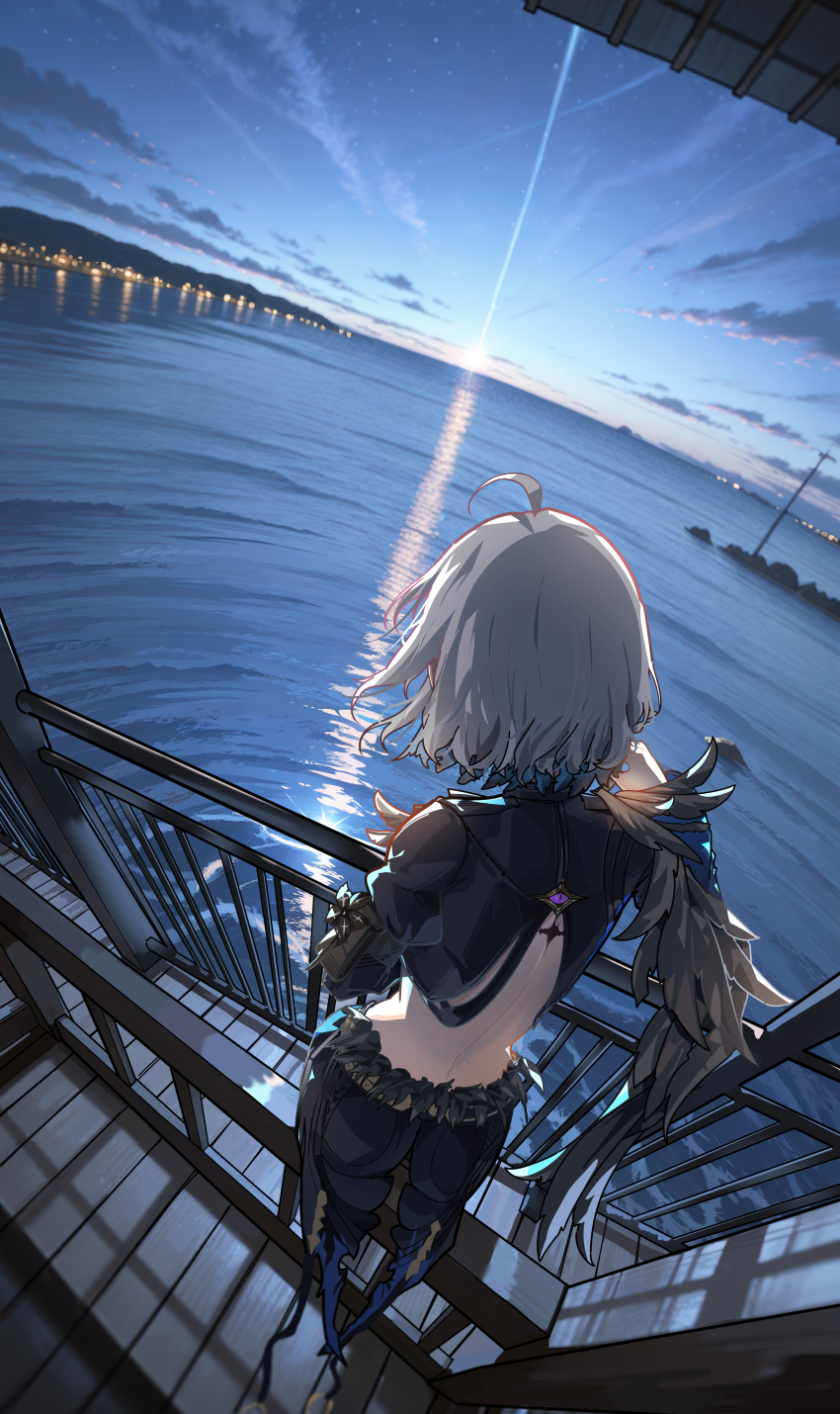 1girl absurdres ahoge back black_flower black_jacket black_shorts black_wings blake_bloom_(wuthering_waves) coattails commentary cropped_jacket english_commentary feathered_wings flower from_behind galbrena_(wuthering_waves) grey_hair hand_up highres jacket median_furrow medium_hair ocean photo_background revision ryeon_(naturesan) shorts single_wing sitting solo sunrise tacet_mark_(wuthering_waves) wings wuthering_waves