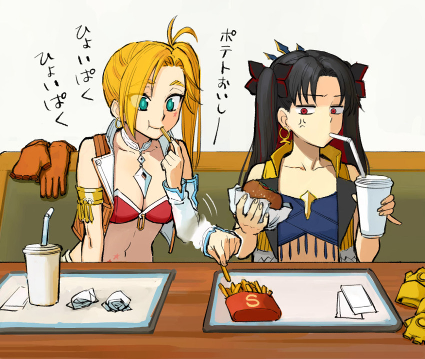 2girls anger_vein b_suke black_hair blonde_hair breasts brown_vest burger calamity_jane_(fate) calamity_jane_(first_ascension)_(fate) cup disposable_cup drinking_straw earrings eating facial_mark facial_tattoo fate/grand_order fate_(series) fingerless_gloves food french_fries gloves green_eyes hoop_earrings ishtar_(fate) jewelry long_hair multiple_girls navel open_clothes open_vest red_eyes side_ponytail smile space_ishtar_(fate) space_ishtar_(second_ascension)_(fate) star_(symbol) star_facial_mark star_tattoo stomach_tattoo tattoo translation_request vest