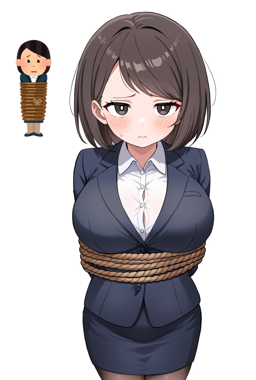 1girl arms_behind_back bdsm blue_jacket blue_skirt blush bob_cut bondage bound breasts bright_pupils brown_eyes brown_hair brown_pantyhose business_suit closed_mouth cropped_legs formal_clothes highres hooco_tora irasutoya irasutoya_challenge jacket large_breasts looking_at_viewer medium_hair office_lady pantyhose pencil_skirt reference_inset shirt simple_background skirt suit sweatdrop swept_bangs white_background white_pupils white_shirt