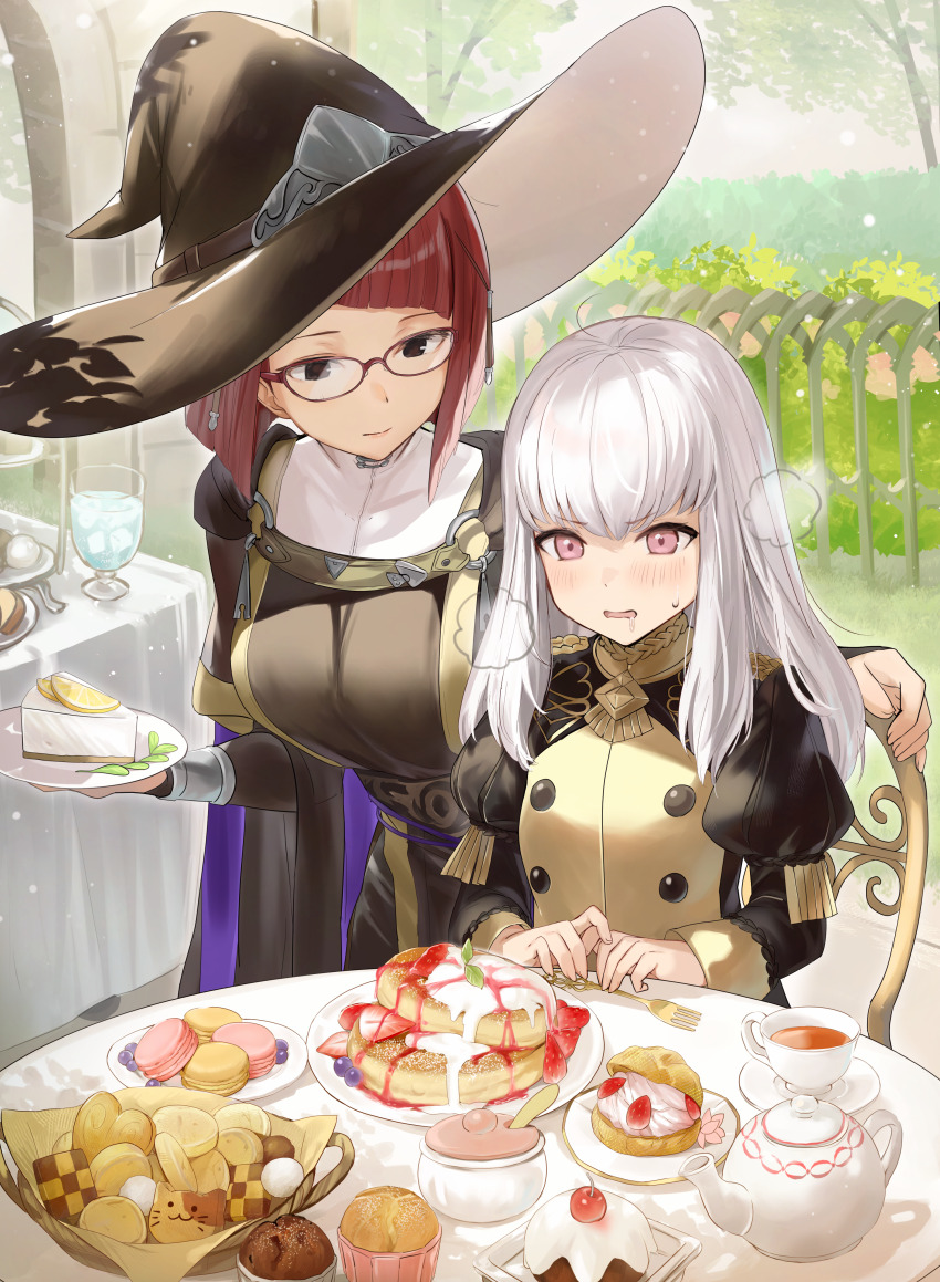 2girls absurdres black_hat breasts cake cake_slice cherry commentary commission cookie cup drooling facing_viewer fire_emblem fire_emblem:_three_houses fire_emblem_awakening food fork fruit garden garreg_mach_monastery_uniform glasses haru_(nakajou-28) hat heavy_breathing highres holding holding_plate ice large_breasts long_hair long_sleeves looking_at_another lysithea_von_ordelia miriel_(fire_emblem) multiple_girls nintendo open_mouth outdoors pink_eyes pixiv_commission plate smile tea teacup teapot tree water white_hair witch_hat