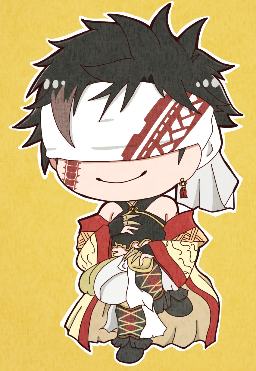 1boy armor bare_shoulders black_footwear black_hair blindfold centipede_tattoo cheek_tattoo chinese_clothes derutta earrings facial_tattoo gloves gold_armor gold_robe gold_trim highres in_air japanese_text jewelry male_focus midair nail_armor off_shoulder pants partially_fingerless_gloves qin_shi_huang_(shuumatsu_no_valkyrie) red_robe red_tassel robe short_hair shuumatsu_no_valkyrie single_earring sitting smile solo speech_bubble tassel tassel_earrings tattoo two-tone_robe white_pants yellow_background yellow_robe
