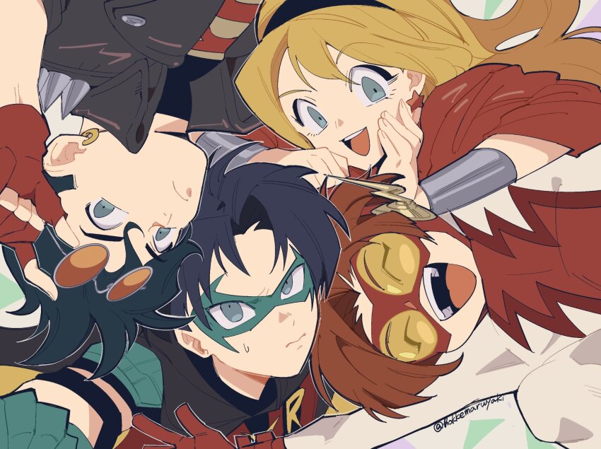 1girl 3boys artist_name bart_allen batman_(series) black_hair bodysuit cassie_sandsmark conner_kent dc_comics domino_mask goggles goggles_on_head highres hokkemaruyaki kon-el looking_at_viewer male_focus mask multiple_boys muscular muscular_male red_bodysuit robin_(dc) sunglasses superboy superhero_costume superman_(series) the_flash_(series) tim_drake two-tone_bodysuit wonder_girl wonder_woman_(series) young_justice
