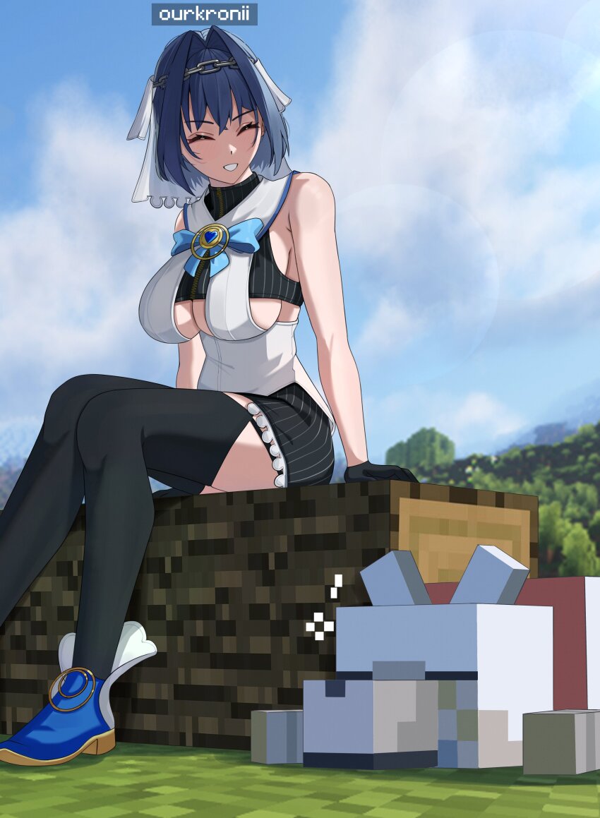1girl 9tailsu ^_^ absurdres bare_arms bare_shoulders black_gloves black_skirt black_thighhighs blue_hair blue_shoes blue_sky breasts chain chain_headband character_name closed_eyes clothing_cutout cloud day dog foot_out_of_frame frilled_skirt frills gloves grass hair_intakes hashtag-only_commentary heart-shaped_gem highres hololive hololive_english jewelry large_breasts log minecraft ouro_kronii ouro_kronii_(1st_costume) outdoors parted_lips pinstripe_pattern shoes short_hair sitting skirt sky sleeveless smile solo squeans striped_clothes striped_skirt thighhighs underboob_cutout veil vertical-striped_clothes vertical-striped_skirt virtual_youtuber zettai_ryouiki