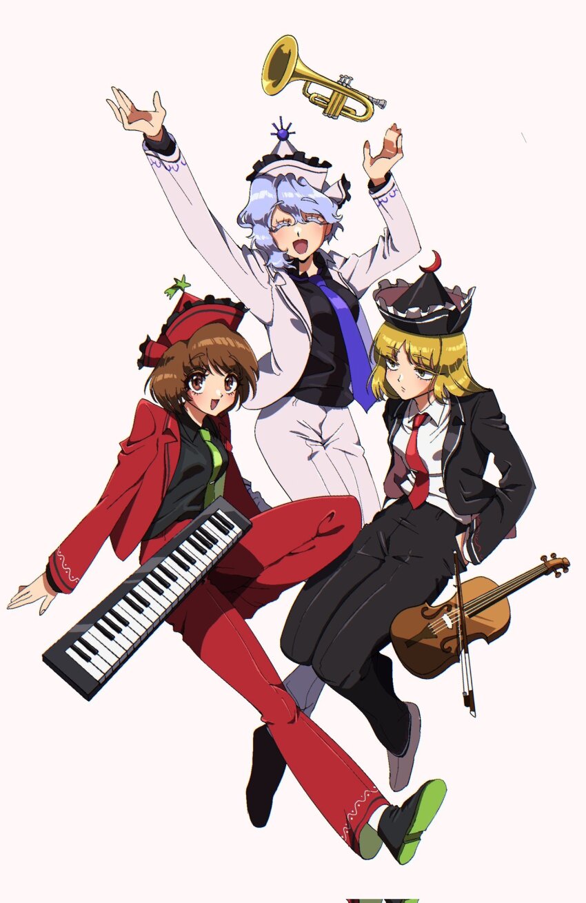 1990s_(style) 3girls :d adapted_costume black_footwear black_hat black_jacket black_pants black_shirt blonde_hair bow_(music) brown_eyes brown_hair closed_mouth collared_shirt colored_shoe_soles commentary_request crescent crescent_hat_ornament facing_viewer frilled_hat frills full_body green_necktie hands_in_pockets hat hat_ornament highres instrument jacket keyboard_(instrument) looking_at_viewer lunasa_prismriver lyrica_prismriver mememedama10 merlin_prismriver multiple_girls necktie open_mouth pants pink_hat pink_jacket pink_pants purple_hair purple_necktie red_hat red_jacket red_necktie red_pants retro_artstyle shirt shooting_star_hat_ornament short_hair simple_background smile sun_hat_ornament touhou trumpet violin white_background white_shirt yellow_eyes