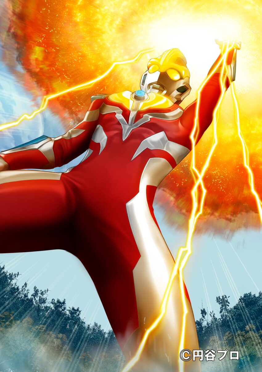 1boy absurdres alien arm_guards arm_up armor blue_sky breastplate color_timer colored_skin commentary company_name compound_eyes copyright_notice cowboy_shot crystal day dorsal_fin energy feelone fire forehead_jewel forest from_below giant glowing glowing_armor glowing_eyes highres legs_apart lightning looking_ahead male_focus motion_lines multicolored_skin nature outdoors pectorals powering_up pyrokinesis red_skin shoulder_armor shoulder_pads silver_skin sky solo speed_lines standing tokusatsu toned toned_male tree two-tone_skin ultra_series ultraman_ginga ultraman_ginga_(series) wrinkled_skin yellow_eyes