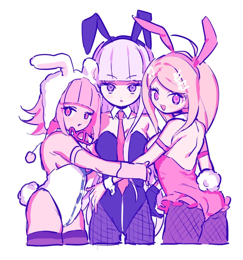 3girls absurdres adapted_costume ahoge akamatsu_kaede animal_ear_hairband animal_ear_headwear animal_ears armlet bare_back bare_shoulders beanie black_gloves black_hairband black_leotard black_pantyhose black_thighhighs blonde_hair blunt_bangs breasts buttons cleavage coat commentary cropped_legs danganronpa:_trigger_happy_havoc danganronpa_(series) danganronpa_2:_goodbye_despair danganronpa_v3:_killing_harmony detached_collar earflap_beanie eyelashes fake_animal_ears fake_tail fishnet_pantyhose fishnets floppy_ears fluffy fortissimo frilled_leotard frills from_behind gloves group_hug hair_ornament hairband hand_on_own_hip hat highres hug jewelry kirigiri_kyoko large_breasts laz_(wancchaco) leotard long_hair looking_at_viewer looking_back medium_hair multiple_girls musical_note musical_note_hair_ornament nanami_chiaki neck_ribbon necktie open_mouth orange_necktie pantyhose parted_lips pink_eyes pink_hair pink_hairband pink_leotard playboy_bunny pom_pom_hat_ornament purple_eyes purple_hair rabbit_ear_hairband rabbit_ears rabbit_tail red_ribbon ribbon simple_background smile strapless strapless_leotard symbol-only_commentary tail thighhighs very_long_hair white_background white_coat white_leotard white_wrist_cuffs wrist_cuffs zipper