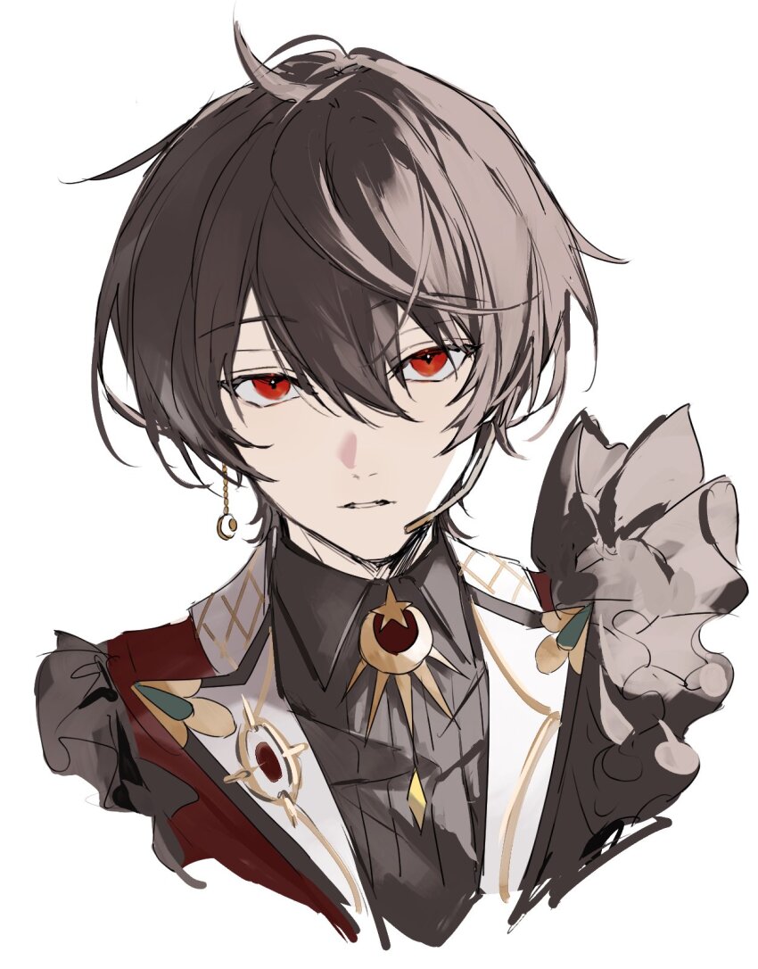 1boy black_hair black_shirt double-parted_bangs earrings ensemble_stars! expressionless frills hair_between_eyes headset highres jacket jewelry looking_at_viewer male_focus nozz177 parted_lips portrait raised_eyebrows red_eyes red_jacket sakuma_ritsu shirt short_hair sidelighting simple_background single_earring solo white_background