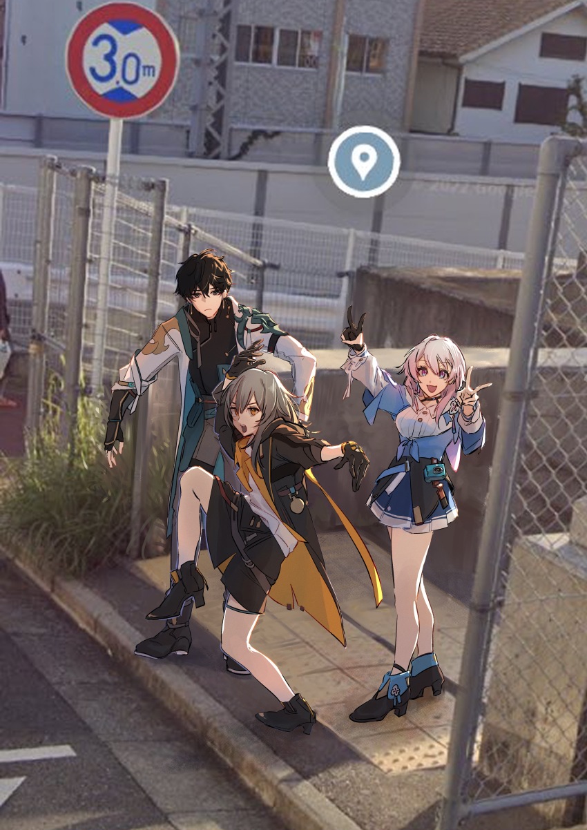 1boy 2girls absurdres ankle_boots archery_shooting_glove black_boots black_choker black_gloves black_hair black_jacket black_overskirt blue_boots blue_eyes blue_jacket blue_skirt boots bra_strap bush buttons camera choker commentary_request dan_heng_(honkai:_star_rail) dan_heng_(hunt)_(honkai:_star_rail) double_v earrings flower_ornament full_body gloves grey_hair high_heel_boots high_heels high_school_girls_posing_for_google_street_view_(meme) highres honkai:_star_rail honkai_(series) jacket jewelry long_sleeves looking_at_viewer march_7th_(honkai:_star_rail) march_7th_(preservation)_(honkai:_star_rail) medium_hair meme miniskirt multicolored_boots multicolored_eyes multiple_girls open_mouth overskirt partially_fingerless_gloves pink_eyes pink_hair pleated_skirt road shirt shishamo_(4731) short_hair single_earring single_glove skirt smile stelle_(honkai:_star_rail) street tied_jacket trailblazer_(honkai:_star_rail) two-tone_boots two-tone_eyes underbust v white_shirt