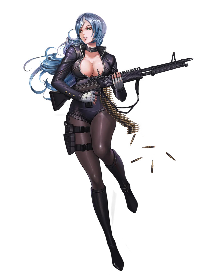 1girl 7.62x51mm_nato ammunition ammunition_belt aqua_eyes artist_request black_boots black_choker black_pantyhose blue_hair boots breasts bullet choker cleavage collarbone fingerless_gloves full_body fully_powered_cartridge game_cg general_purpose_machine_gun girls&#039;_frontline gloves gpmg_cartridge gun highres holding holding_gun holding_weapon holster large_breasts leather long_hair long_sleeves m60_(beta)_(girls&#039;_frontline) m60_(machine_gun) machine_gun medium_machine_gun pantyhose parted_lips partially_unzipped rifle_cartridge shell_casing skin_tight solo standing standing_on_one_leg teeth thigh_holster third-party_source transparent_background weapon