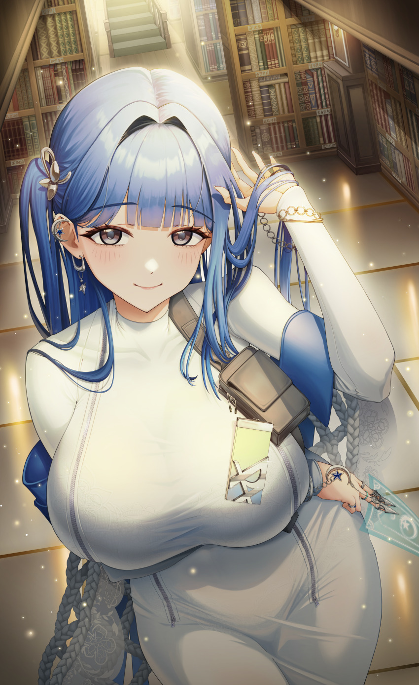 1girl absurdres arcana_(nikke) blue_hair breasts card commentary_request dress ear_piercing earrings goddess_of_victory:_nikke grey_eyes highres holding holding_card indoors jewelry large_breasts library looking_at_viewer moragon584 one_side_up piercing smile solo tarot tarot_card white_dress zipper_dress