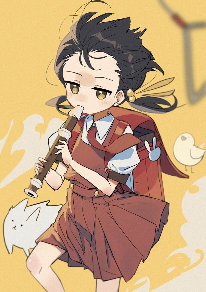 1girl backpack bag bird black_hair brown_eyes collared_shirt dog dress flute forehead_blush hair_bobbles hair_ornament highres holding_flute holding_instrument instrument kaai_yuki kyoufuu_all_back_(vocaloid) light_blush low_twintails messy_hair music pigeon pinafore_dress playing_flute playing_instrument randoseru recorder red_bag red_dress shirt short_twintails sleeveless sleeveless_dress triangle_(instrument) twintails vocaloid wagashi928 wind yellow_background yellow_eyes