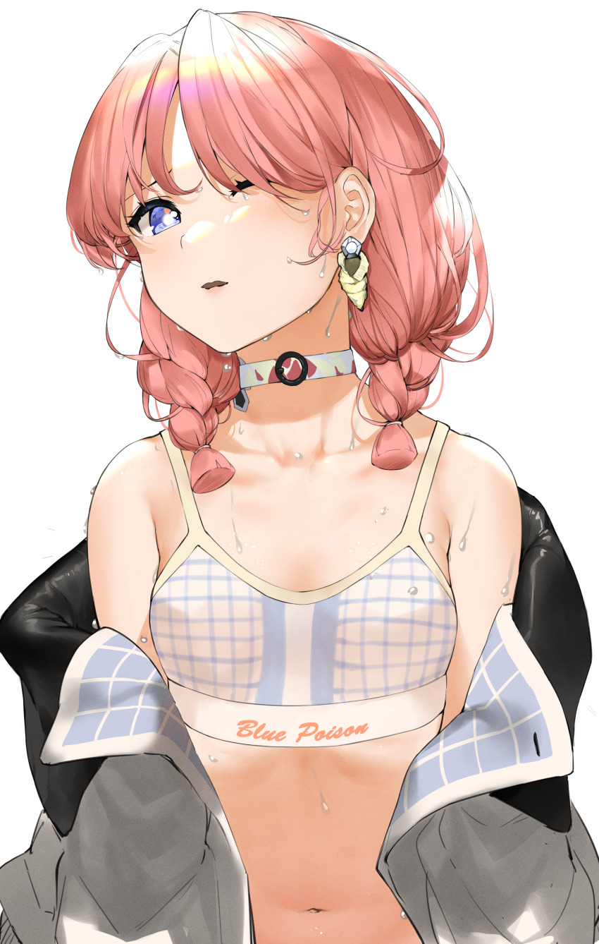 024th 1girl absurdres arknights bare_shoulders blue_eyes blue_poison_(arknights) blue_poison_(shoal_beat)_(arknights) braid breasts character_name choker cleavage clothes_writing collarbone crop_top head_tilt highres huge_filesize jacket long_sleeves looking_at_viewer midriff navel off_shoulder official_alternate_costume one_eye_closed open_clothes open_jacket pink_hair short_hair simple_background solo spaghetti_strap sports_bra stomach sweat twin_braids upper_body white_background white_choker white_jacket