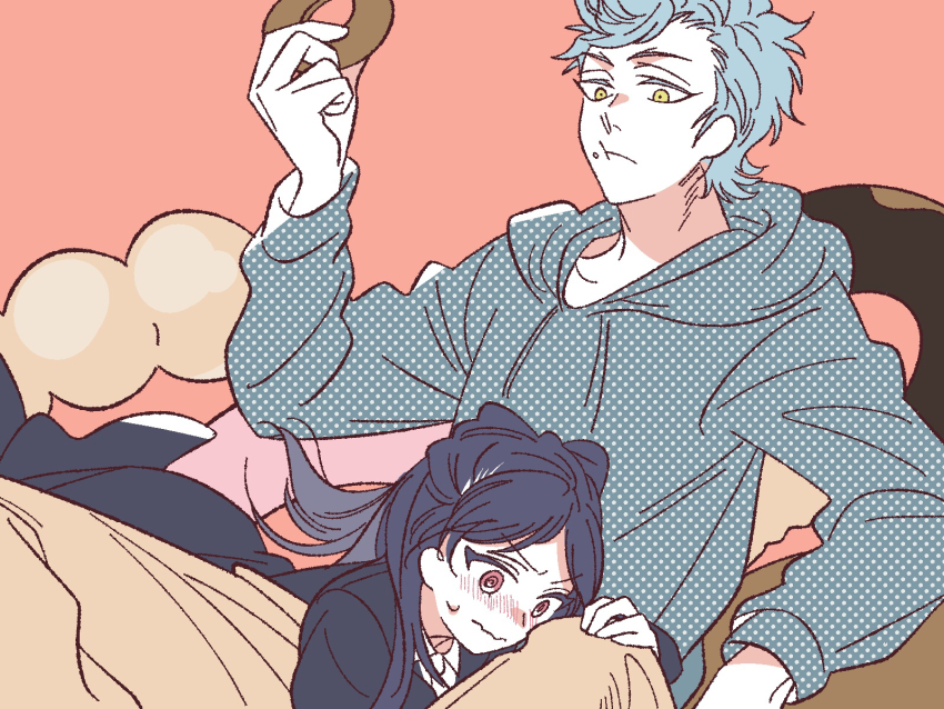 1boy 1girl @_@ black_dress black_hair bow brown_pants donut dress food food_on_face grey_hair grey_hoodie hair_bow hetero highres holding holding_food hood hoodie lap_pillow long_hair lying miyao_nemu on_stomach pants pink_background polka_dot red_eyes sitting sweatdrop witch_watch wolf_(witch_watch) yellow_eyes yoshitaka_(palooo)