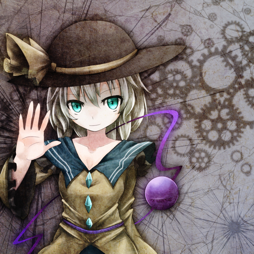 1girl aqua_eyes bad_id bad_pixiv_id blouse collarbone crack female_focus frilled_sleeves frills gears grey_background grey_hair hand_up hat hat_ribbon highres komeiji_koishi light_smile looking_at_viewer open_hand ribbon shirt short_hair solo third_eye touhou yoshimo_(yoshiki_qaws)