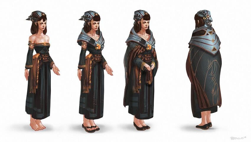 1girl alternate_costume armlet armor barefoot ben_lo black_cape black_dress blue_eyes blunt_bangs breasts brooch brown_hair cape capelet cleavage detached_sleeves dress facial_mark flip-flops front_and_back full_body gold_trim hair_ornament hairclip headdress highres jewelry long_sidelocks multiple_views original painterly reference_sheet sandals serious sidelocks simple_background slippers white_background