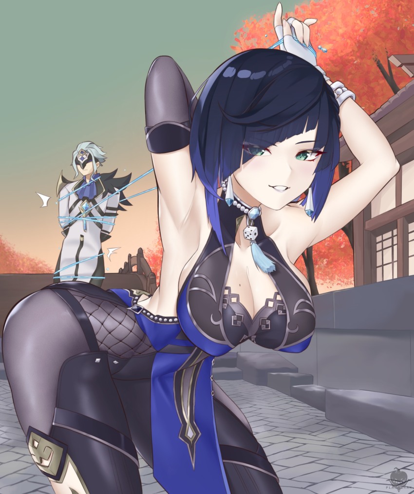 1boy 1girl bare_shoulders bdsm blue_hair bondage bound breasts coattails dottore_(genshin_impact) from_behind genshin_impact green_eyes highres large_breasts leaning leaning_forward long_hair looking_at_viewer looking_back mask mole mole_on_breast pants parted_lips planterak_draws short_hair short_shorts shorts smile white_hair yelan_(genshin_impact)