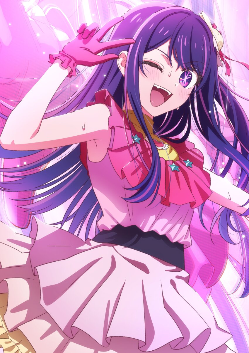 1girl absurdres armpits blush dress hair_between_eyes hair_ornament highres hoshino_ai idol_clothes long_hair looking_at_viewer multicolored_hair one_eye_closed open_mouth oshi_no_ko pink_dress pink_hair pink_skirt purple_eyes purple_hair rabbit_hair_ornament skirt smile solo star-shaped_pupils star_(symbol) symbol-shaped_pupils tachibana_reiya