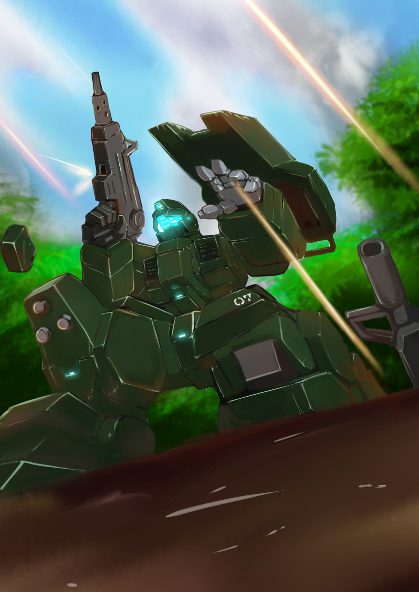 absurdres cloud fujikusa gm_sniper gun gundam gundam_08th_ms_team highres holding holding_weapon mecha mud no_humans robot rocket_launcher shield weapon
