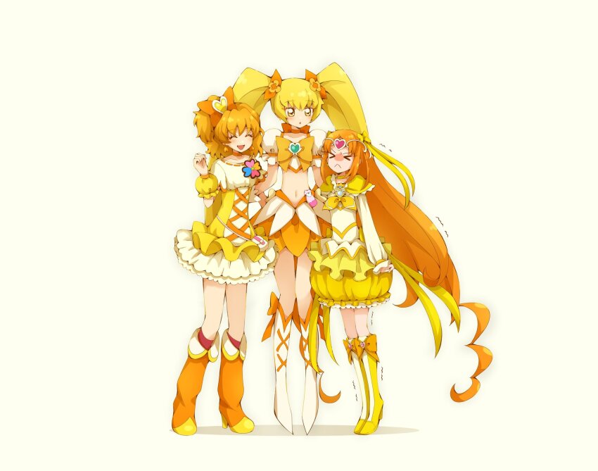 &gt;_&lt; 3girls :d ^_^ blonde_hair boots bow bow_choker brooch bubble_skirt choker closed_eyes crop_top cure_muse_(yellow) cure_pine cure_sunshine dress earrings fresh_precure! frilled_dress frills full_body hair_bow hair_ribbon heart heart_brooch heartcatch_precure! height_difference high_heel_boots high_heels highres in-franchise_crossover jewelry knee_boots kneehighs long_hair long_sleeves magical_girl multiple_girls myoudouin_itsuki one_side_up open_mouth orange_boots orange_hair orange_skirt pouch precure puffy_short_sleeves puffy_sleeves ribbon shirabe_ako short_hair short_sleeves simple_background skirt smile socks standing suite_precure tiptoes twintails very_long_hair white_background white_boots white_skirt wrist_cuffs yamabuki_inori yellow_dress yellow_eyes yellow_skirt yuu13