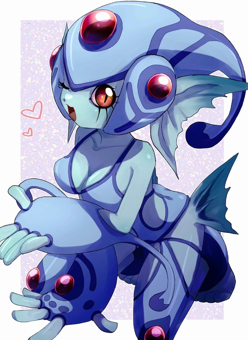 1girl blue_headwear breasts cleavage clothing_cutout colored_skin digimon digimon_(creature) digimon_frontier fingerless_gloves fins gloves green_skin head_fins highres large_breasts long_eyelashes navel_cutout one-piece_swimsuit ranamon red_eyes side_cutout swimsuit takeda_conomi