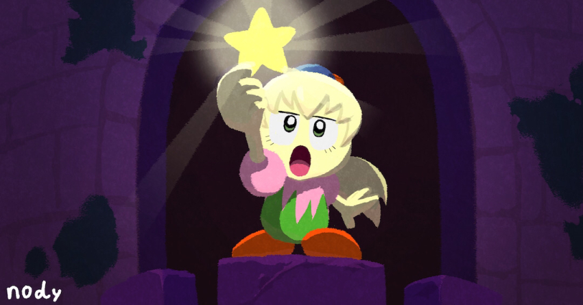 1girl commentary_request full_body fumu_(kirby) green_eyes holding holding_star kirby:_right_back_at_ya! kirby_(series) nintendo nody_(nody_lowmoo) open_mouth ponytail signature solo standing star_(symbol) straight-on warp_star