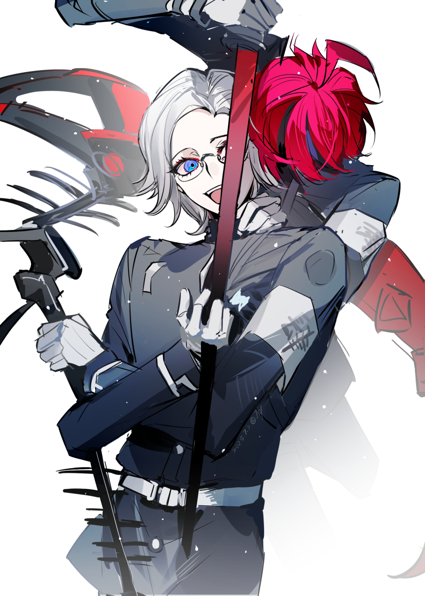 2boys :d absurdres ahoge aotsuki_eito armband black_streaks blue_eyes chinese_commentary crossed_arms dated eyeliner gakuran glasses gloves grey_hair hand_on_another&#039;s_neck highres holding holding_scythe holding_sword holding_weapon impaled last_defense_academy_school_uniform looking_at_viewer makeup male_focus multicolored_hair multiple_boys one_eye_covered open_mouth red_eyeliner red_hair school_uniform scythe short_hair sketch smile streaked_hair sumino_takumi sword tansuan_yun the_hundred_line_-last_defense_academy- weapon white_armband white_gloves