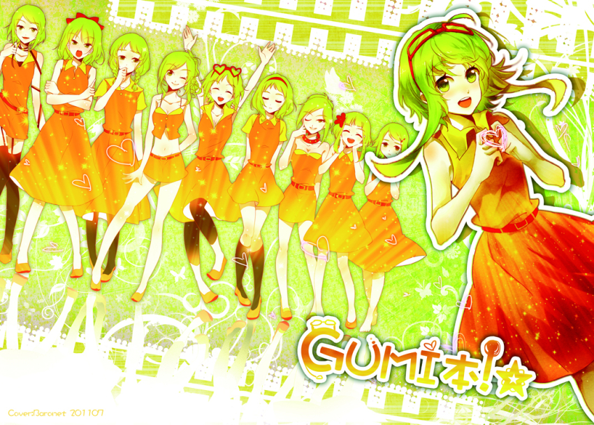 1girl artist_name bare_shoulders baronet belt breasts character_name cleavage closed_eyes contrapposto dress full_body garter_belt garter_straps glasses green_eyes green_hair grin gumi hands_up heart heart_hands juu_mensou_(vocaloid) light_blush miniskirt multiple_persona navel one_eye_closed open_mouth orange_dress orange_footwear orange_skirt skirt sleeveless sleeveless_dress smile thighs vocaloid