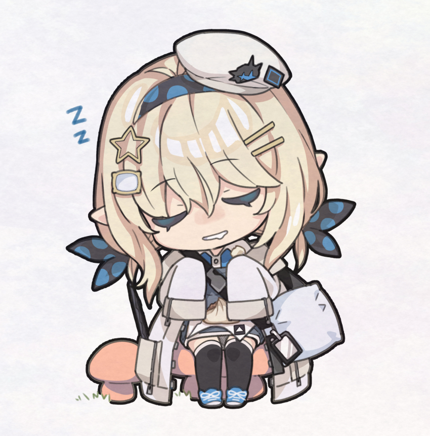 1girl arknights beret black_hairband black_thighhighs blonde_hair blue_shirt blue_shoes chibi closed_eyes collared_shirt drooling durin_(arknights) facing_viewer food grey_background grey_jacket hair_between_eyes hair_ornament hairband hairclip hat head_tilt highres jacket long_hair long_sleeves mouth_drool open_clothes open_jacket over-kneehighs overall_skirt pointy_ears polka_dot_hairband saipaco shirt shoes sitting sleeping sleeves_past_fingers sleeves_past_wrists solo star_(symbol) star_hair_ornament steamed_bun thighhighs tilted_headwear white_hat zzz