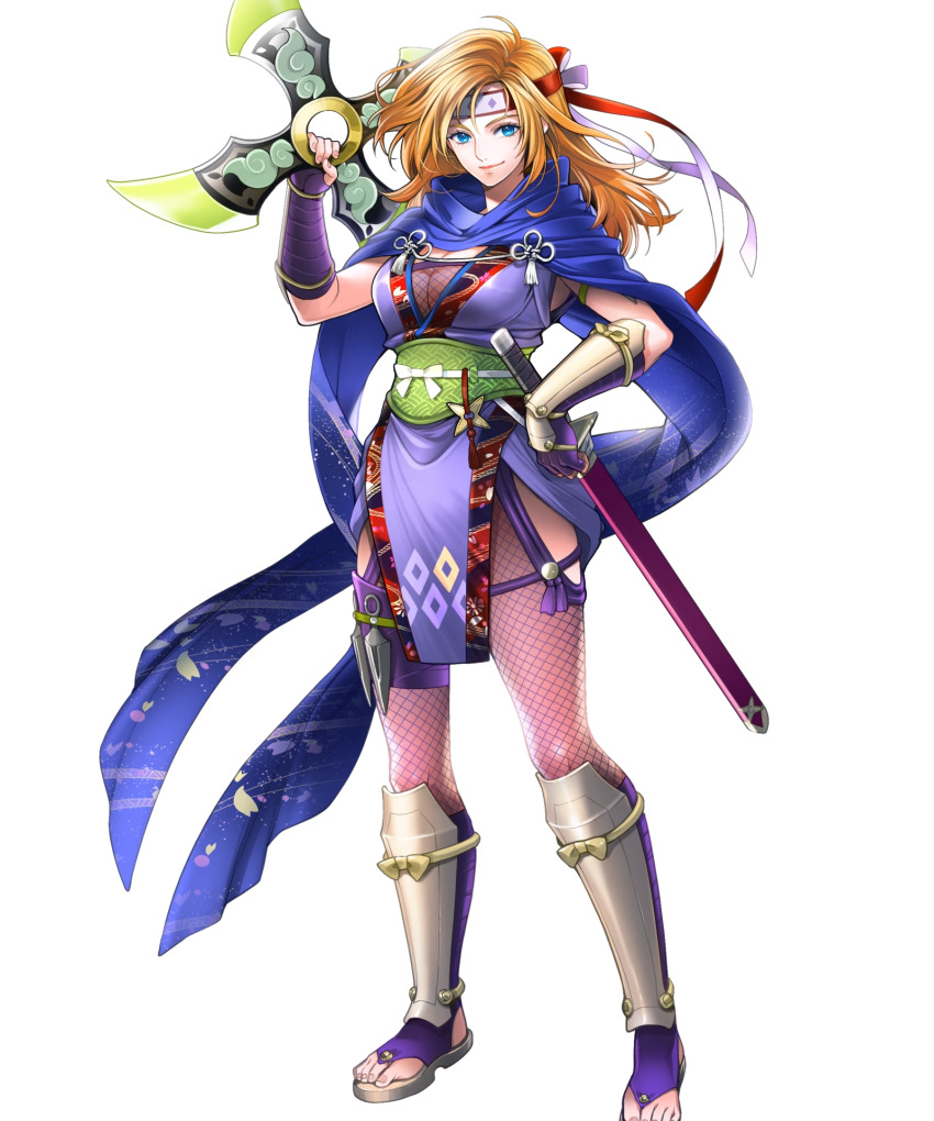 1girl arm_guards blonde_hair blue_eyes blue_scarf bodystocking breasts cleavage fire_emblem fire_emblem:_radiant_dawn fire_emblem_heroes fishnet_bodystocking fishnets fuuma_shuriken hand_on_own_hip heather_(fire_emblem) heather_(ninja)_(fire_emblem) highres holding holding_shuriken holding_weapon japanese_clothes large_breasts long_hair looking_at_viewer ninja nintendo non-web_source official_alternate_costume official_art pelvic_curtain sandals scarf shin_guards shuriken smile solo weapon zouri