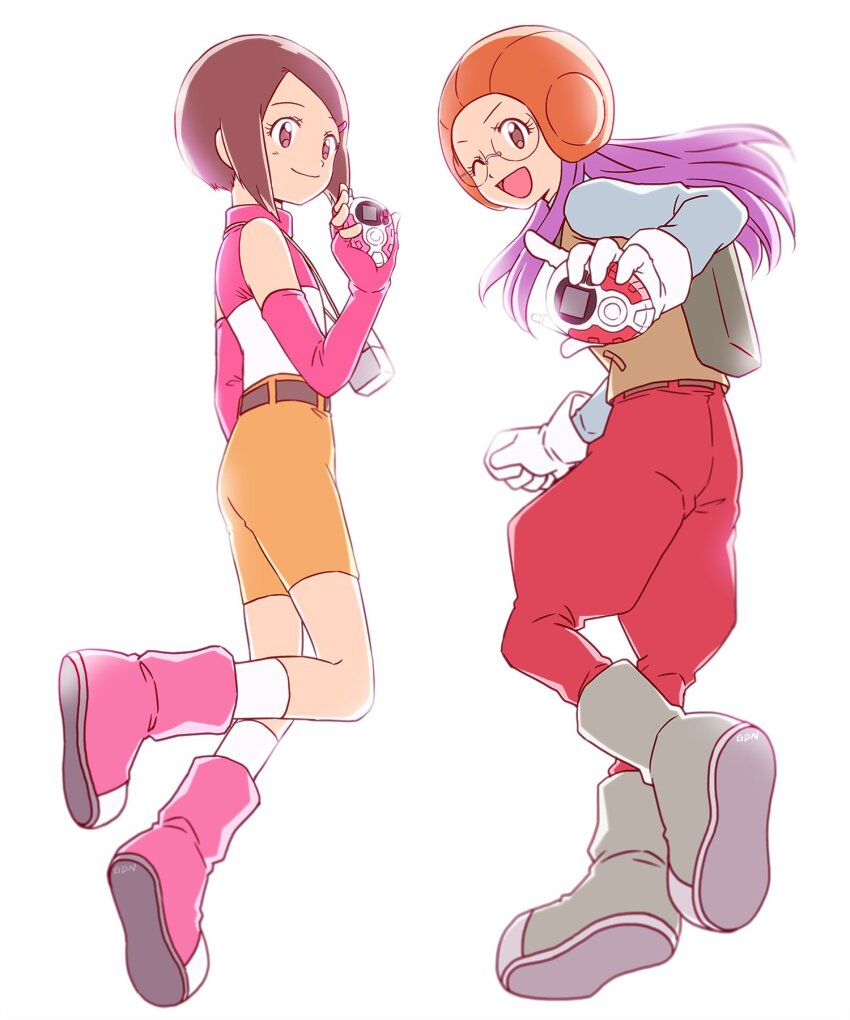 2girls ;d backlighting blue_sleeves boots brown_eyes brown_hair closed_mouth digimon digimon_adventure_02 digivice elbow_gloves fingerless_gloves floating_hair full_body gdn0522 glasses gloves grey_footwear hair_ornament hairclip helmet highres index_finger_raised inoue_miyako long_hair long_sleeves looking_back multiple_girls one_eye_closed open_mouth orange_helmet pants parted_bangs pink_gloves pink_vest purple_hair red_pants rimless_eyewear short_hair shorts simple_background smile two-tone_vest vest white_background white_gloves white_vest yagami_hikari yellow_shorts