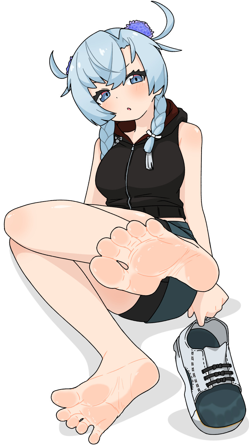 1girl absurdres bare_legs barefoot black_hoodie black_shorts blue_hair blush breasts feet foot_focus full_body grey_eyes grey_shoes highres hood hood_down hoodie knees_together_feet_apart legs looking_at_viewer medium_breasts nairo original shoes short_shorts shorts sidelocks simple_background sitting sleeveless sleeveless_hoodie soles solo spread_toes toes unworn_shoes white_background
