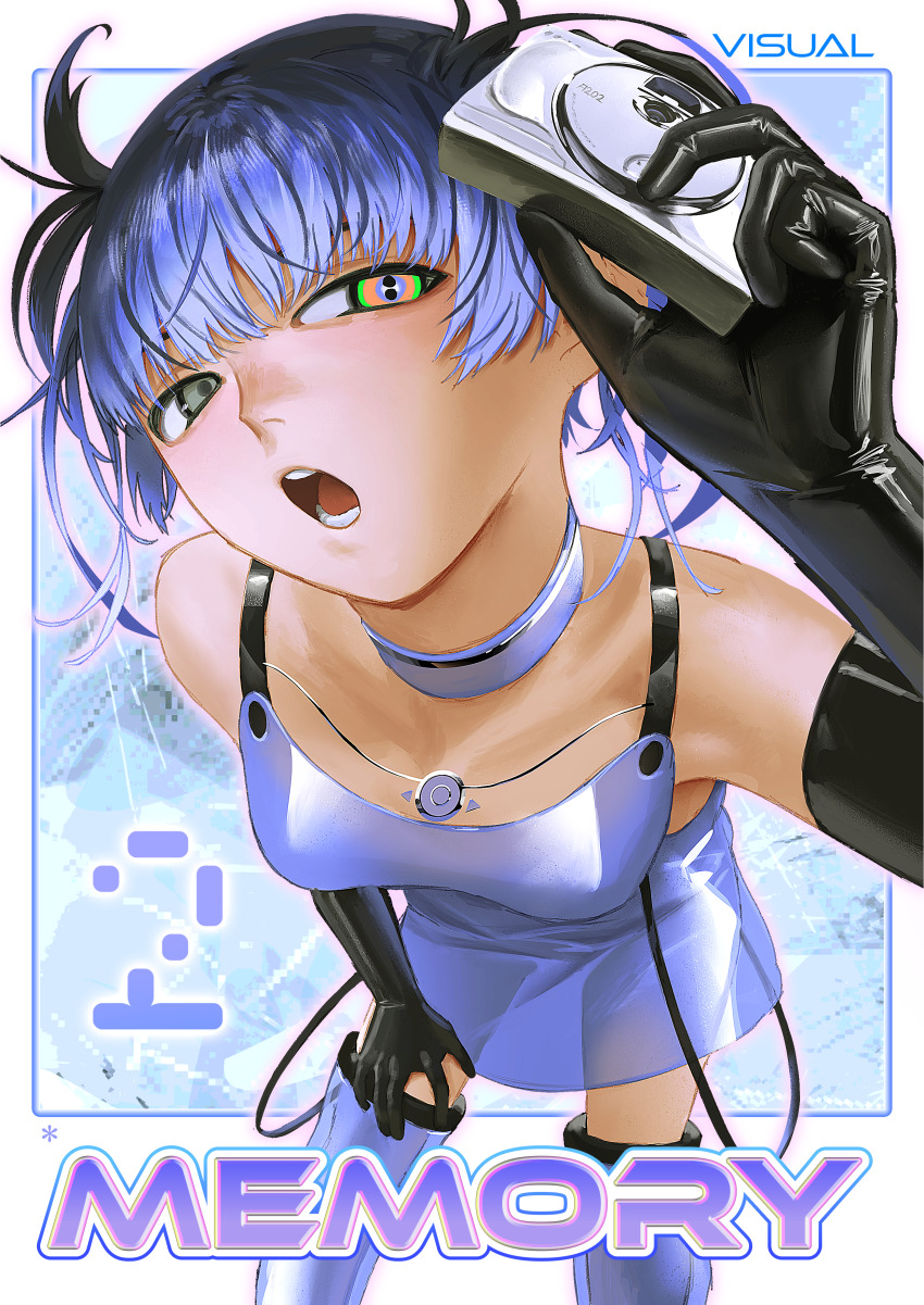 1girl absurdres bare_shoulders blue_hair boots breasts camera choker commentary_request dress elbow_gloves gloves grey_eyes heterochromia highres holding holding_camera kanikumi_toi looking_at_viewer multicolored_eyes open_mouth original short_hair small_breasts solo thigh_boots two_side_up