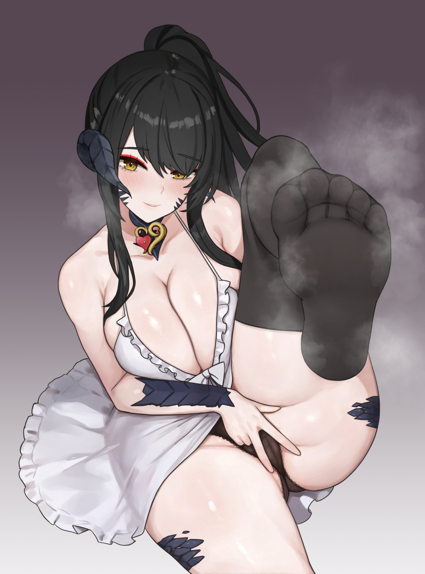 1girl absurdres au_ra bare_shoulders black_choker black_hair black_horns black_panties black_scales black_thighhighs blush breasts breath choker cleavage collarbone crotch_seam dragon_girl dragon_horns dress erufura feet final_fantasy final_fantasy_xiv foot_focus foot_up forward_facing_horns gradient_background grey_background hair_between_eyes heart-shaped_ornament highres horns knee_up large_breasts long_hair looking_at_viewer no_shoes original panties ponytail presenting sapphira_nyx scales simple_background single_horn sitting smell smile soles solo swept_bangs thick_thighs thighhighs thighs toes underwear v_over_crotch warrior_of_light_(ff14) white_dress yellow_eyes