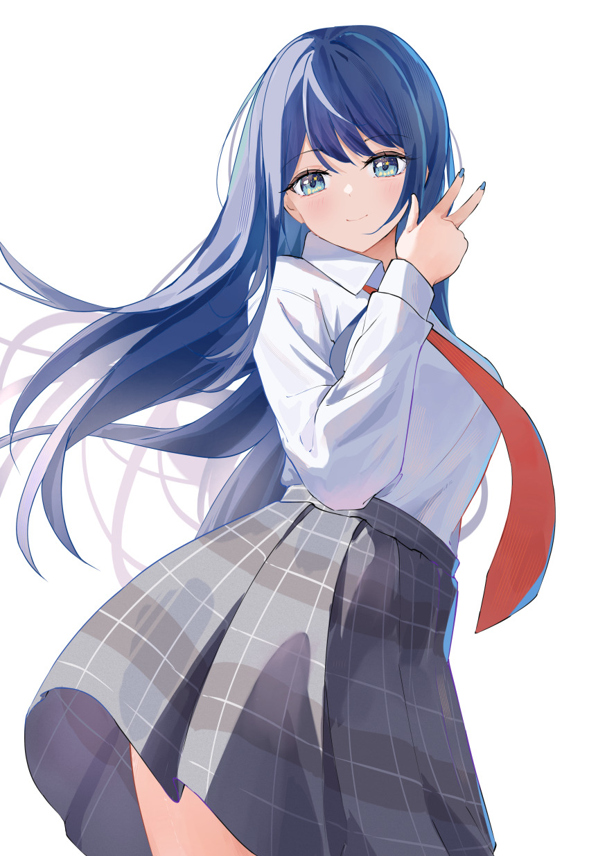 1girl absurdres blue_eyes blue_hair blue_nails collared_shirt commentary grey_skirt highres hoshinoan kurokawa_akane long_hair looking_at_viewer necktie oshi_no_ko plaid_clothes plaid_skirt pleated_skirt red_necktie shirt skirt smile solo sparkling_eyes w white_background white_shirt