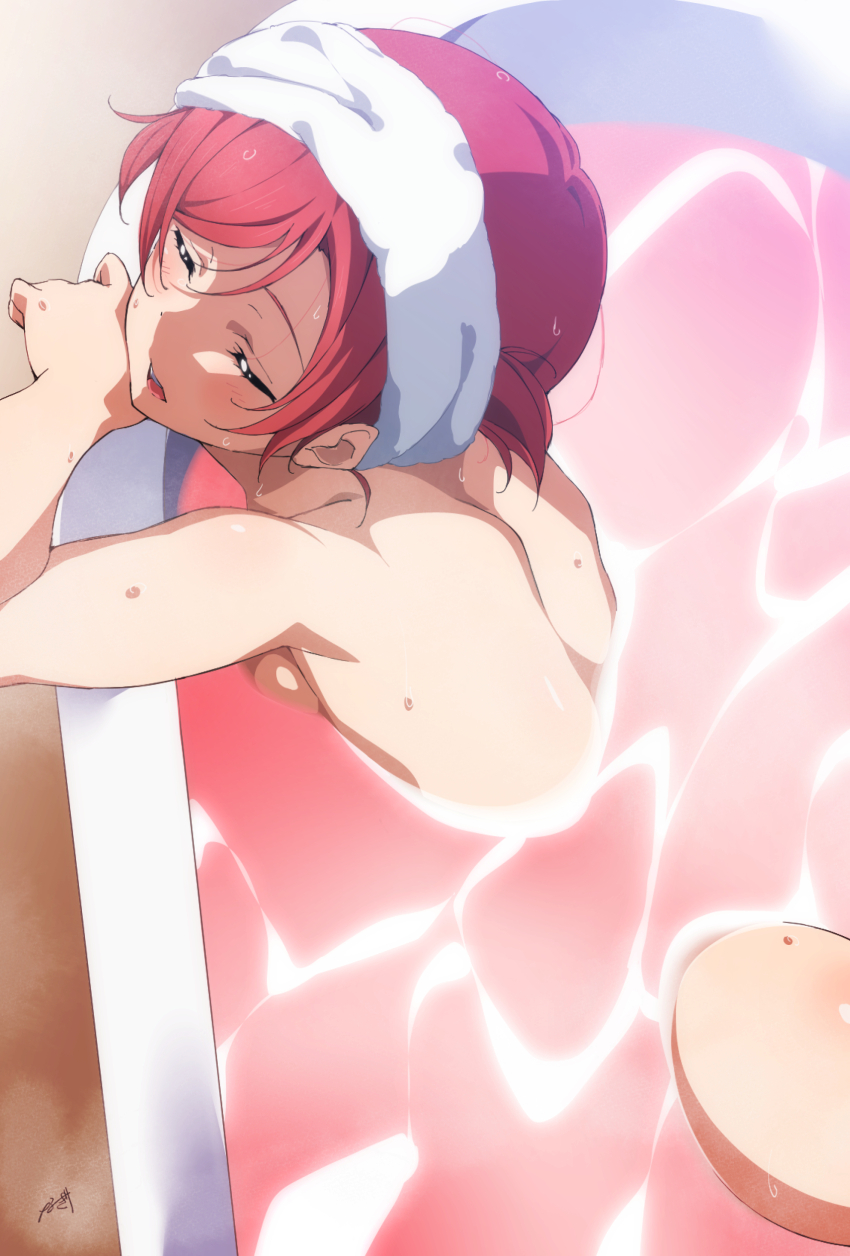 1girl absurdres ass back bathing bathtub breasts brown_background closed_eyes highres light_blush love_live! love_live!_school_idol_project nagi_mkrnpn nishikino_maki nude open_mouth parted_lips partially_submerged pink_liquid pink_water red_hair short_hair signature solo teeth towel towel_on_head upper_teeth_only water wet wet_hair