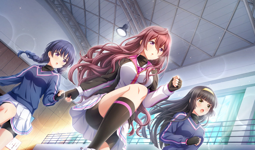 3girls baseball_uniform bike_shorts bike_shorts_under_skirt black_gloves black_hair black_shorts black_undershirt blue_hair blunt_bangs braid braided_ponytail cinderella_series clenched_hands dutch_angle film_grain fingerless_gloves from_below game_cg gloves gym hachigatsu_no_cinderella_nine hair_between_eyes hairband highres honjo_chikage indoors jacket kondou_saki leg_up lens_flare light_particles long_hair long_sleeves multicolored_jacket multiple_girls non-web_source official_art open_mouth pleated_skirt purple_eyes purple_hair railing satogahama_baseball_uniform shirt_under_shirt shorts single_braid skirt sparkle sportswear stretching track_jacket track_suit tsukishima_yui_(hachigatsu_no_cinderella_nine) v-shaped_eyebrows very_long_hair wavy_hair window yellow_hairband